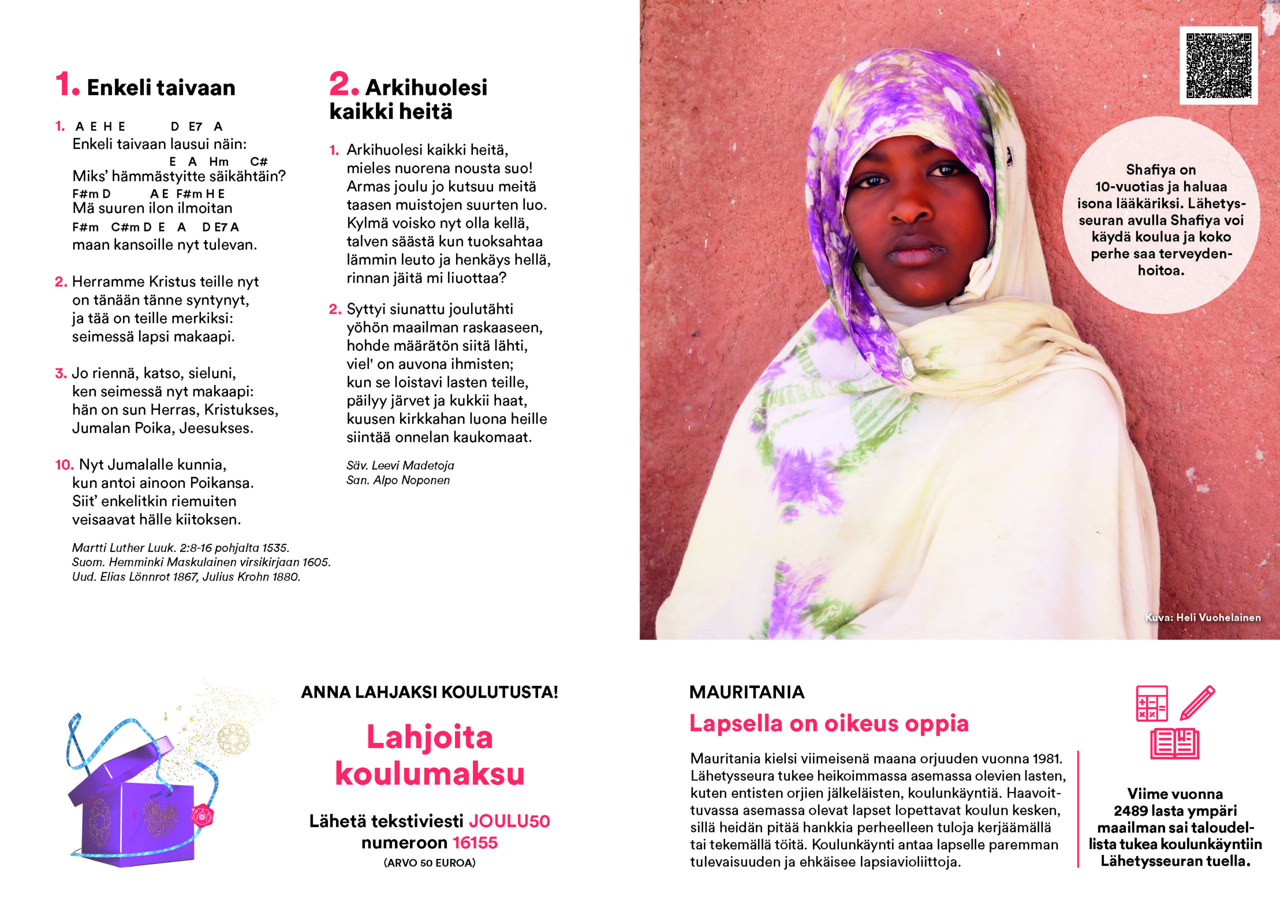 Kauneimmat joululaulut -lauluvihon aukeama, jossa on laulujen sanoja ja kuva tytöstä.