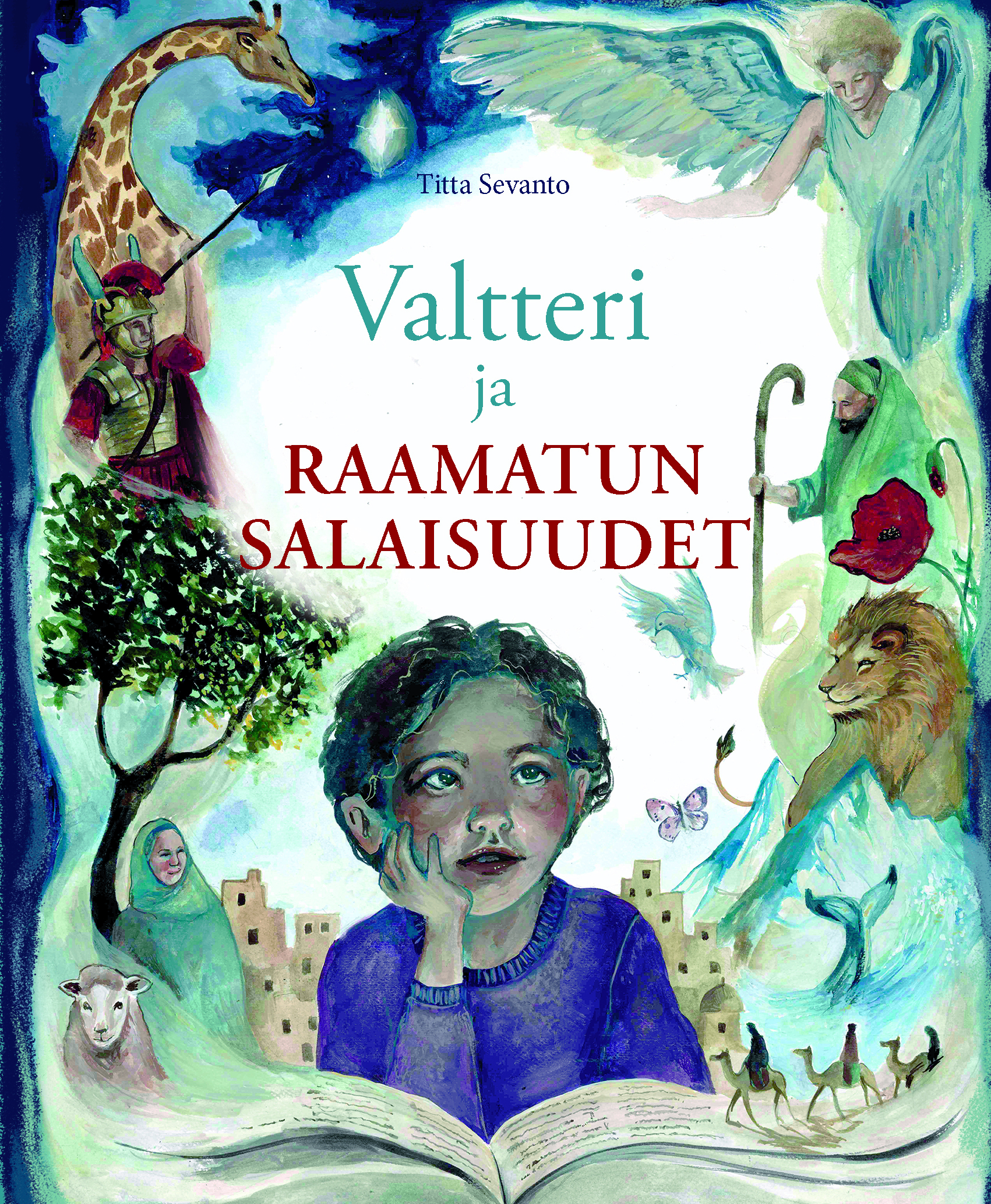 Kirjan kansikuva, jossa lukee Valtteri ja Raamatun salaisuudet. Kuvassa pojan edessä on auki oleva kirja. Kuvan sivuilla on erilaisia hahmoja.