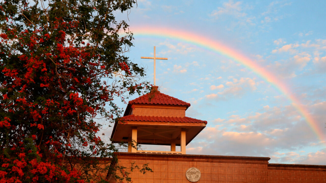 Kirkkorakennus ilta-auringossa, seinällä lukee "Mukdahan Lutheran Church". Kirkon takana taivaalla näkyy sateenkaari.