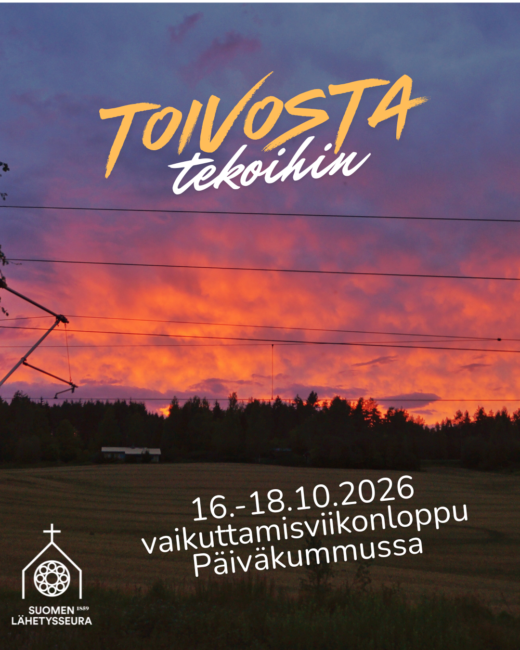 Toivosta tekoihin -viikonlopun juliste, taustalla kuva auringonlaskusta